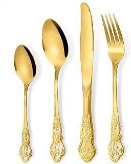 RETON - Juego de 24 cubiertos dorados para 6 personas, acero inoxidable, tenedores, cuchillos, cucharas, cubiertos de camping, para el hogar, fiestas, restaurantes y platos (oro)
