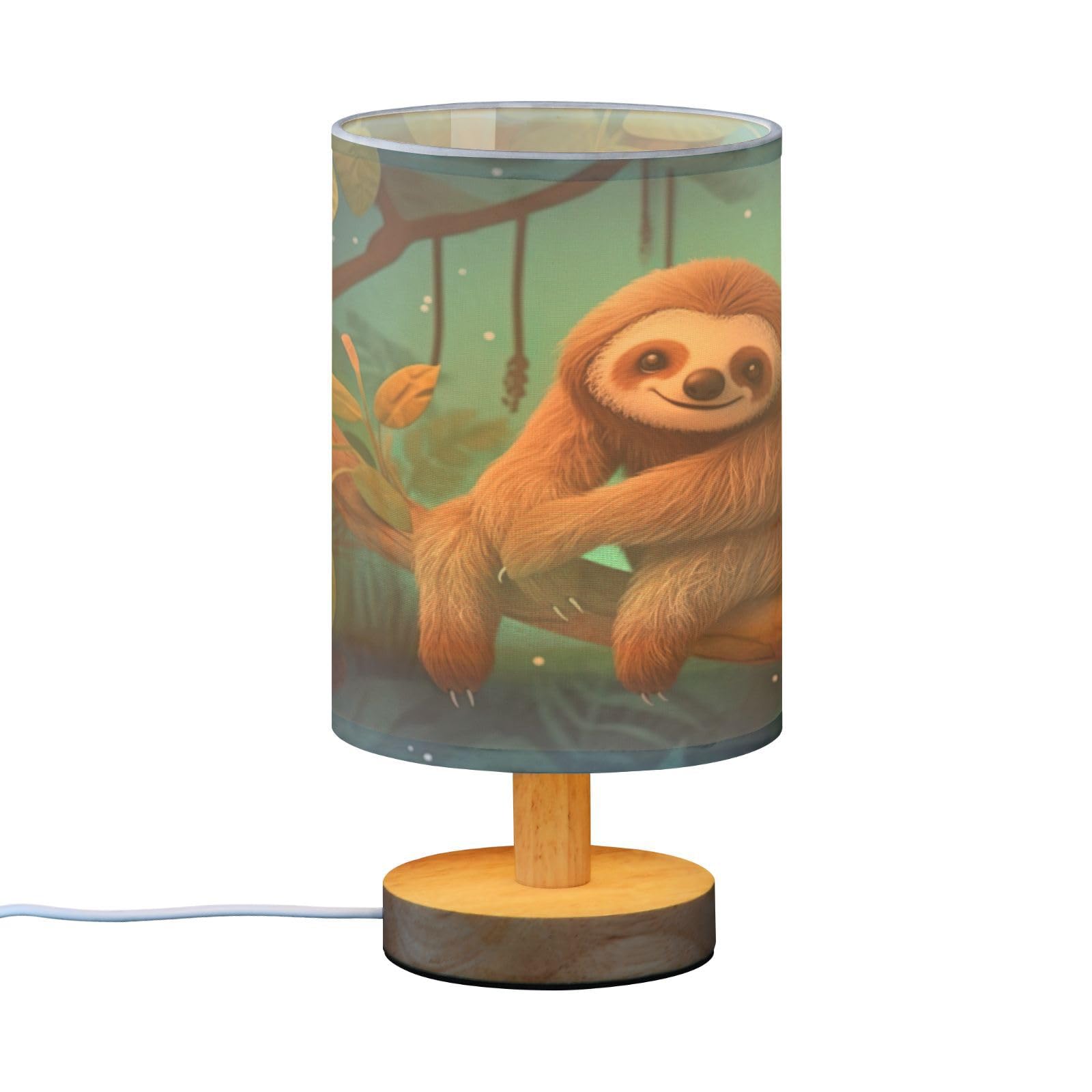 SDMKA Cartoon Sloth Green Bedside Table Lamp for Bedroom, Minimalist Nightstand Lamp with Round Fabric Shade for Living Room, Office, No Bulb Required