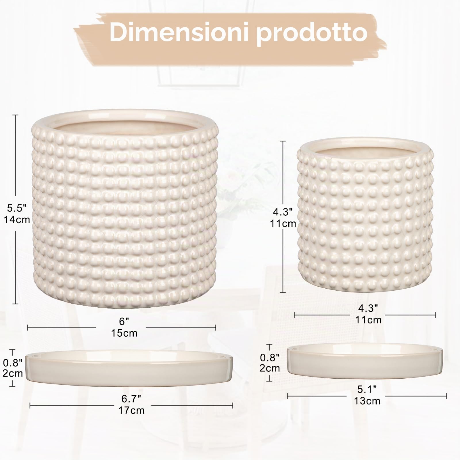 Oairse Vaso per piante in ceramica, 15 cm + 11 cm, con fori di drenaggio, vasi da fiori bianchi, design con perline, vasi decorativi per interni, per cactus, serpente, pianta d'appartamento