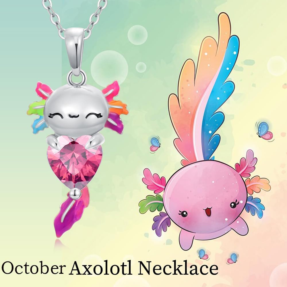 925 Sterling Silver Axolotl Necklace, Heart-Shaped Birthstone Axolotl Pendant Gemstone Necklaces Cute Animal Jewelry Gifts for Women Christmas Birthday, 18"+2" - Image 3