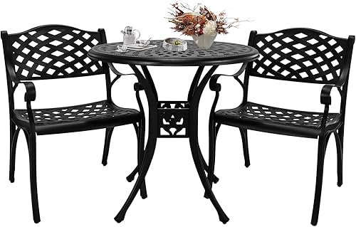 Juego de 2 mesas y sillas de bistró de color blanco, de aluminio fundido blanco para exteriores, juegos de bistró para patio con agujero para