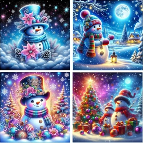 MjhRcll 4 Packs Diamond Painting Kits for Adults,Christmas Diamond Art Kits for Beginner,Colorful Snowman Diamond Dots Full Round Drills Gem Art for Christmas Gifts Home Wall Decor 12X12 Inch