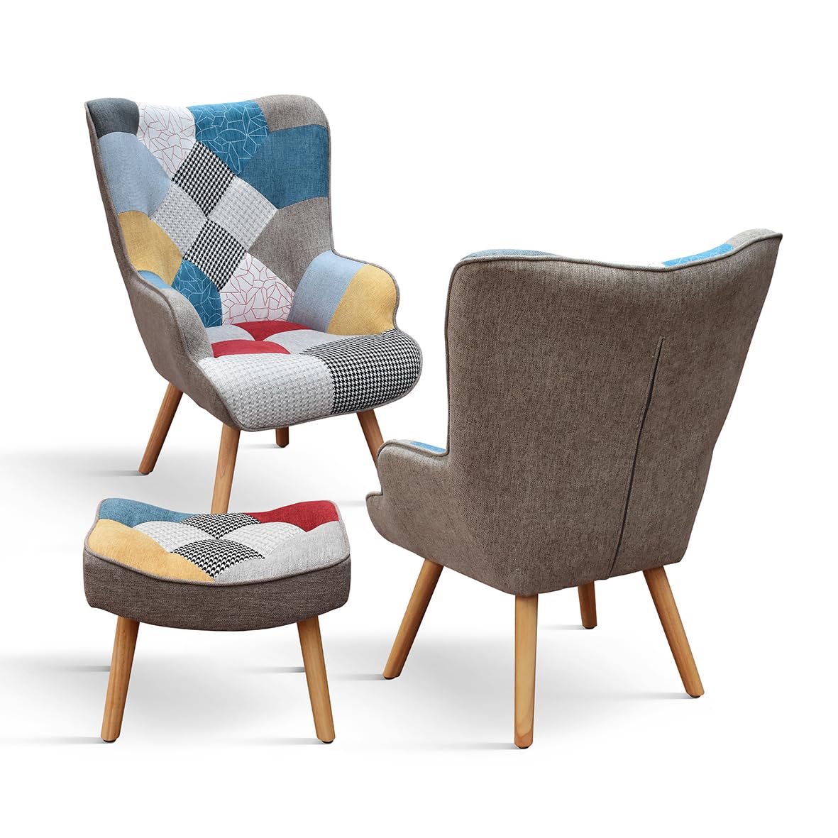 PAZZO DESIGN Sillón Armando, juego de 1, multicolor, tela, relajante, lectura, cómodo, patas de madera, con reposapiés, id_2126