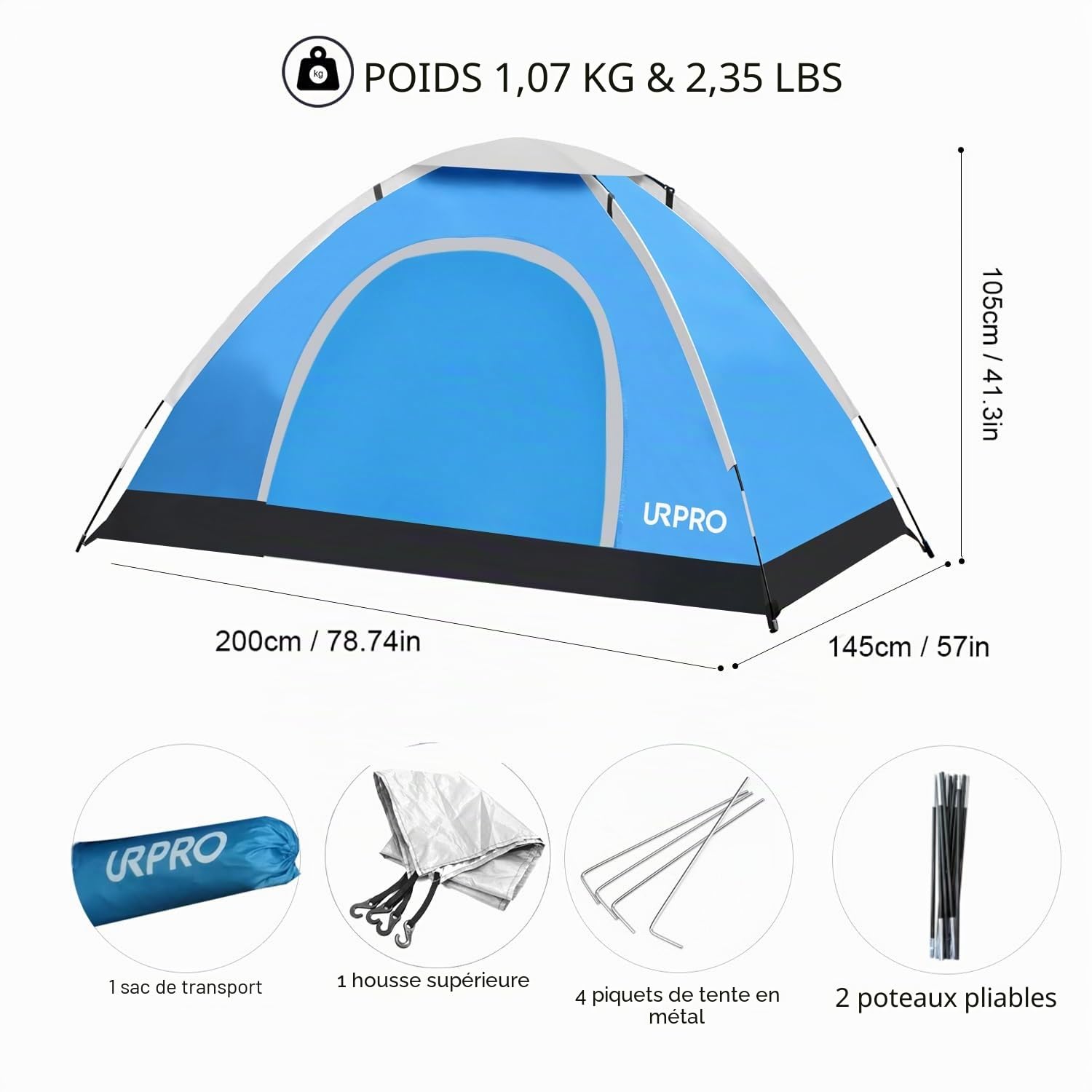 Urpro Tente de camping automatique instantanée pour 2 à 3 personnes, imperméable, coupe-vent, protection UV, parfaite pour la plage, l'extérieur, les voyages, la randonnée, le camping, la chasse, la pêche