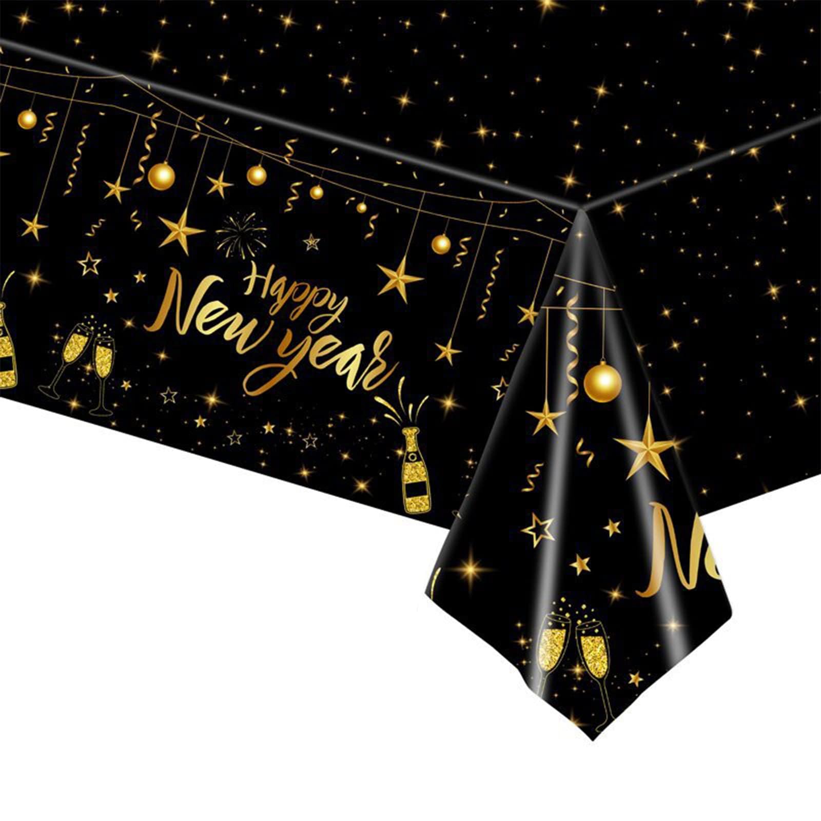 Lomylm Gold 2026 New Years Eve Decorations Table Cloth, Happy New Year Tablecloth, Nye Party Table Decorations Disposable Plastic Tablecovers Black Tablecloth 2026 Nye Party Supplies (274 * 137Cm)