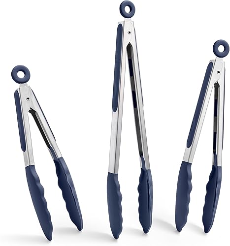 Doosu Pinzas de cocina para cocinar juego de pinzas para alimentos resistentes al calor de 600 F con puntas de silicona antiarañazos, pinza de