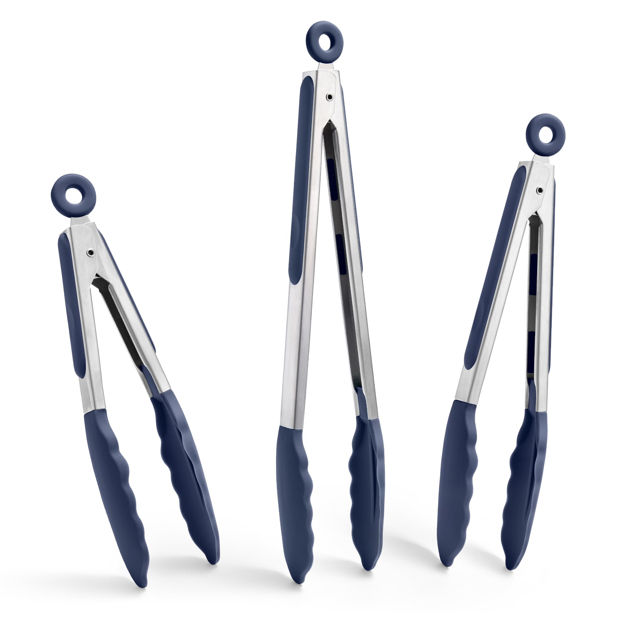 Doosu Kitchen Cooking Silicone Tongs，315℃ Heat Resistant Locking Tong with Non-Scratch Tipped, 18/8 Stainless Steel Heavy Duty Utensils for BBQ, Pasta (18+23+30cm, Navy Blue)