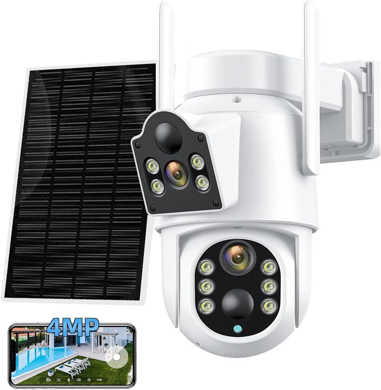 WUIETI 4MP Cámara de vigilancia WiFi exterior de doble lente 360° PTZ cámara solar y baterías visión nocturna color detección humana cámara exterior audio bidireccional IP65