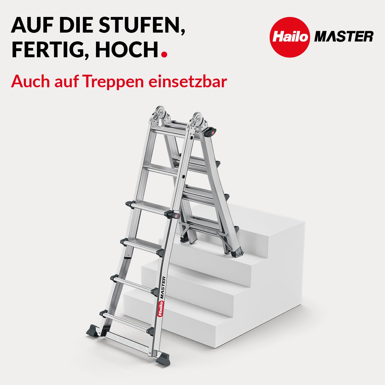 Hailo Master M100 Alu-Multifunktionsleiter 4x4 Stufen bis 150 kg, Silber | Verwendbar als Anlege-, Schiebe- und Stehleiter, Stufen im Arbeitsbereich für sicheren Stand