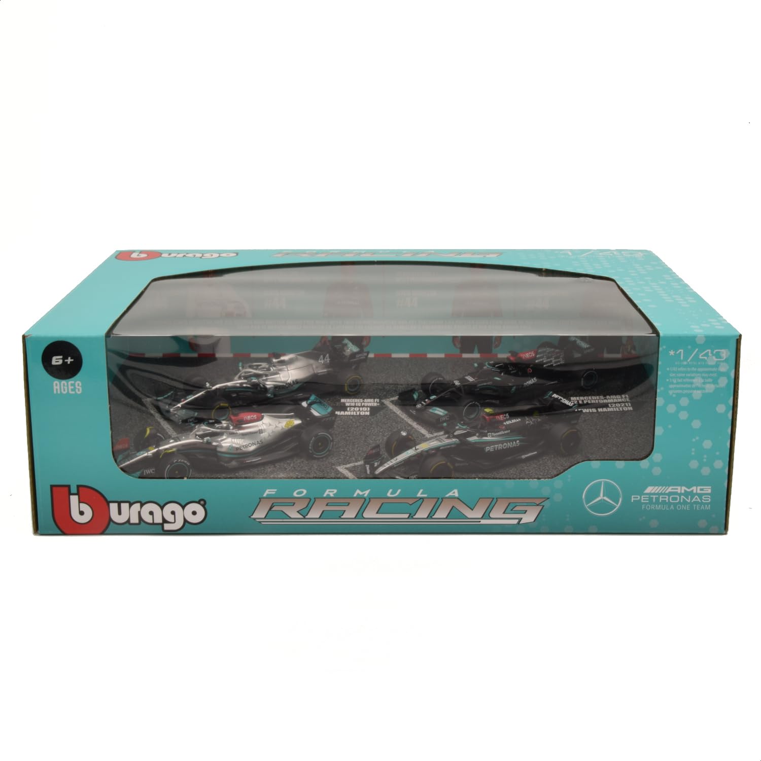 Bburago Formula 1 F1 4-Car Set - Mercedes AMG Petronas W12 W13 W14 - Hamilton, Russell - 1:43 Scale - Incredibly Detailed Die-Cast Collectible Replica Race Cars, Black and Silver
