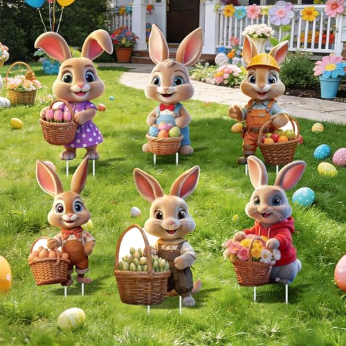 VTMJ 6 Pièces Décorations de Jardin Lapin de Paques, 2D Décorations de Pâques Extérieures, Stakes de Jardin Pâques Décoration, Decoration Paques pour Deco Jardin...