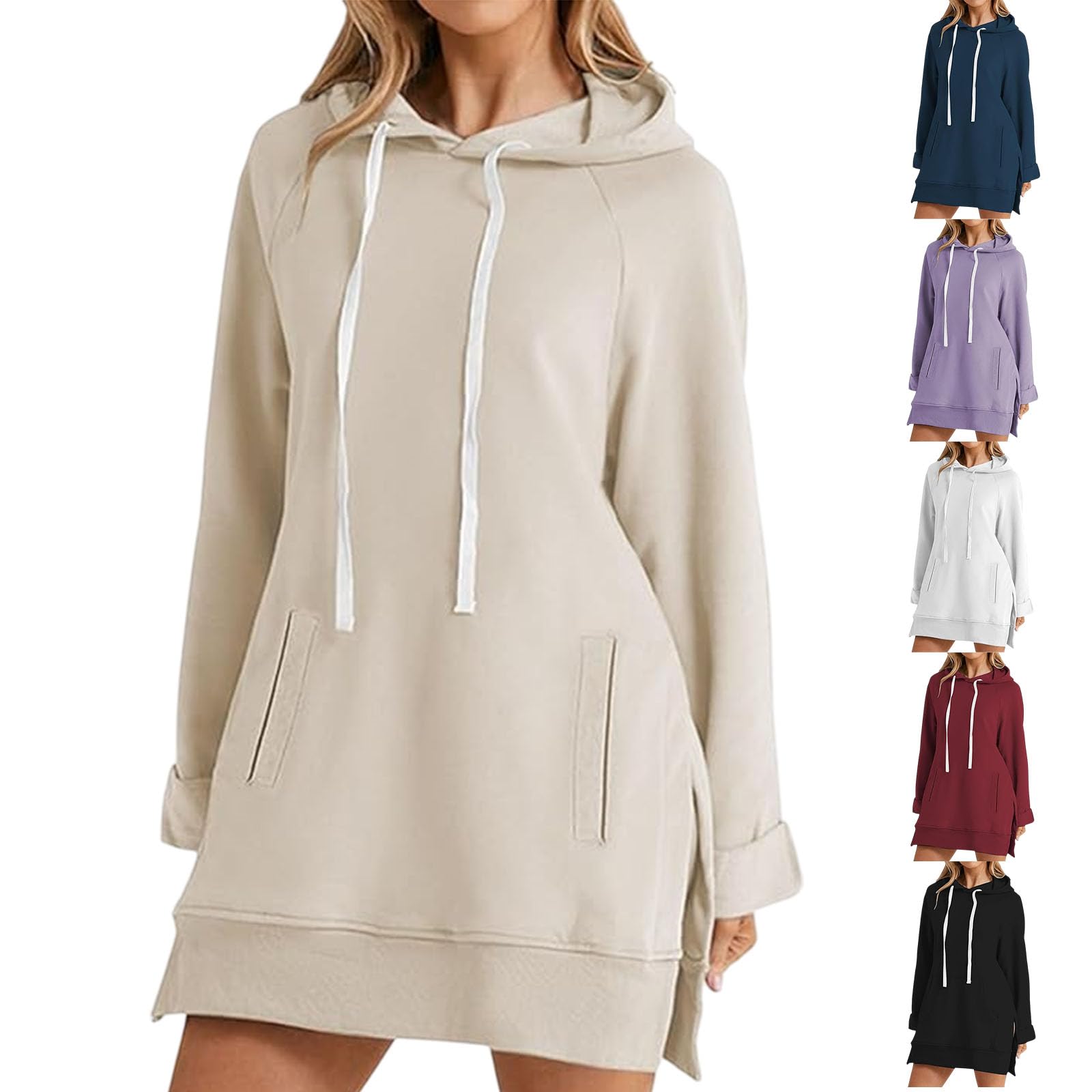 Oversized Hoodie Dress for Women, Long Sleeve Split Hem Pullover Hoodie Dress with Pocket for Casual Fall Wear (Beige,2XL)