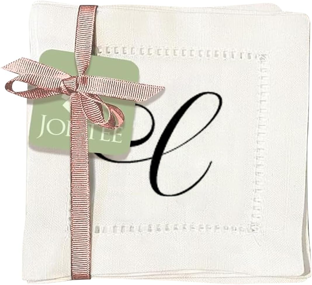 Jolitee Decorative Hemstitch Cocktail Napkins with Printed Initials C – 6"x6" Linen-Like Washable Fabric – Handmade Cloth Napkins for Entertaining, Parties, and Everyday Use