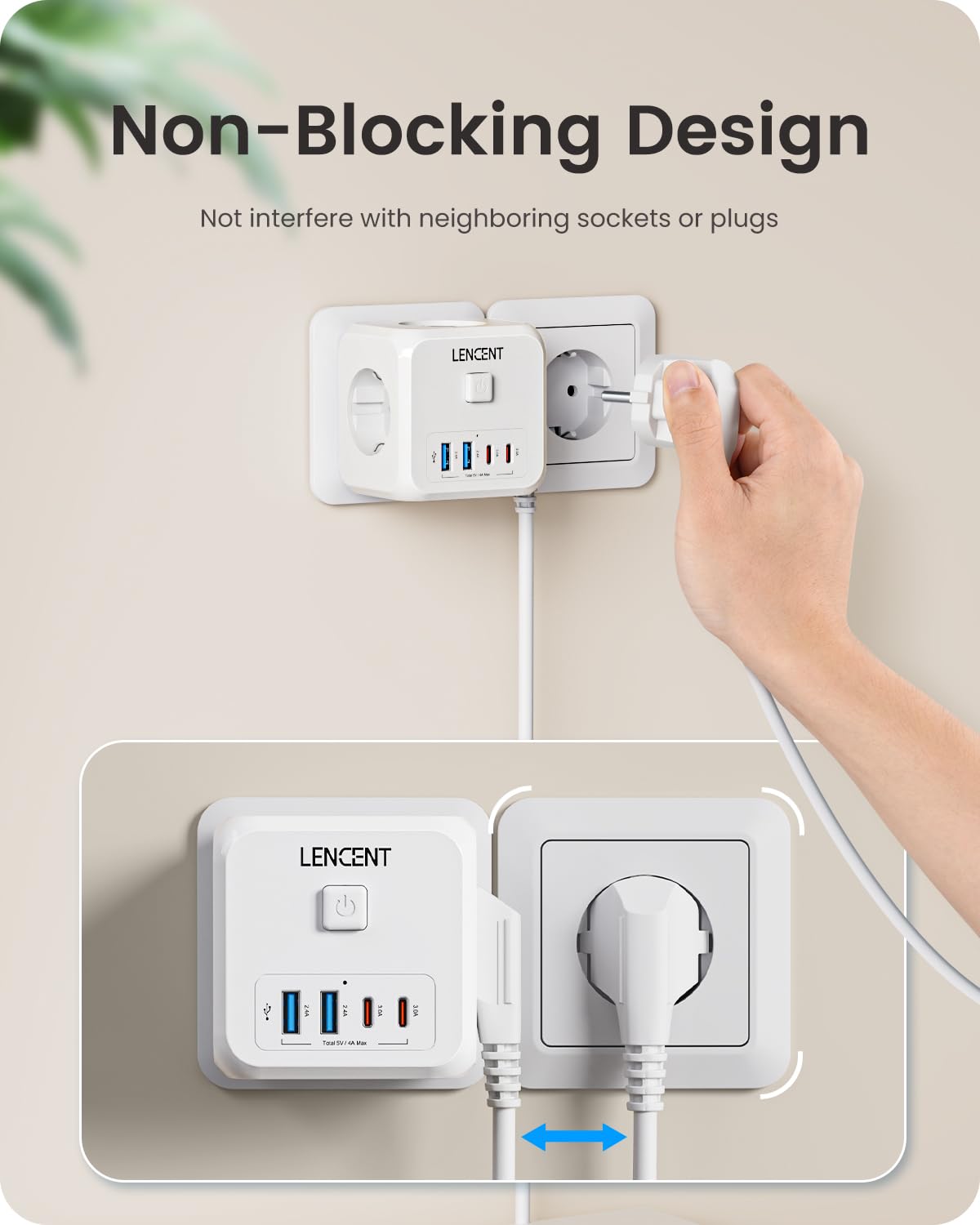 LENCENT Cubo Enchufe USB 7 en 1, Ladron Enchufes 4000W, Cubo Enchufes Múltiples Pared con 3 Tomas de CA, 2 USB-A, 2 Tipo-C y Interruptor, Cargador para Oficina, Cocina y Habitación, Blanco