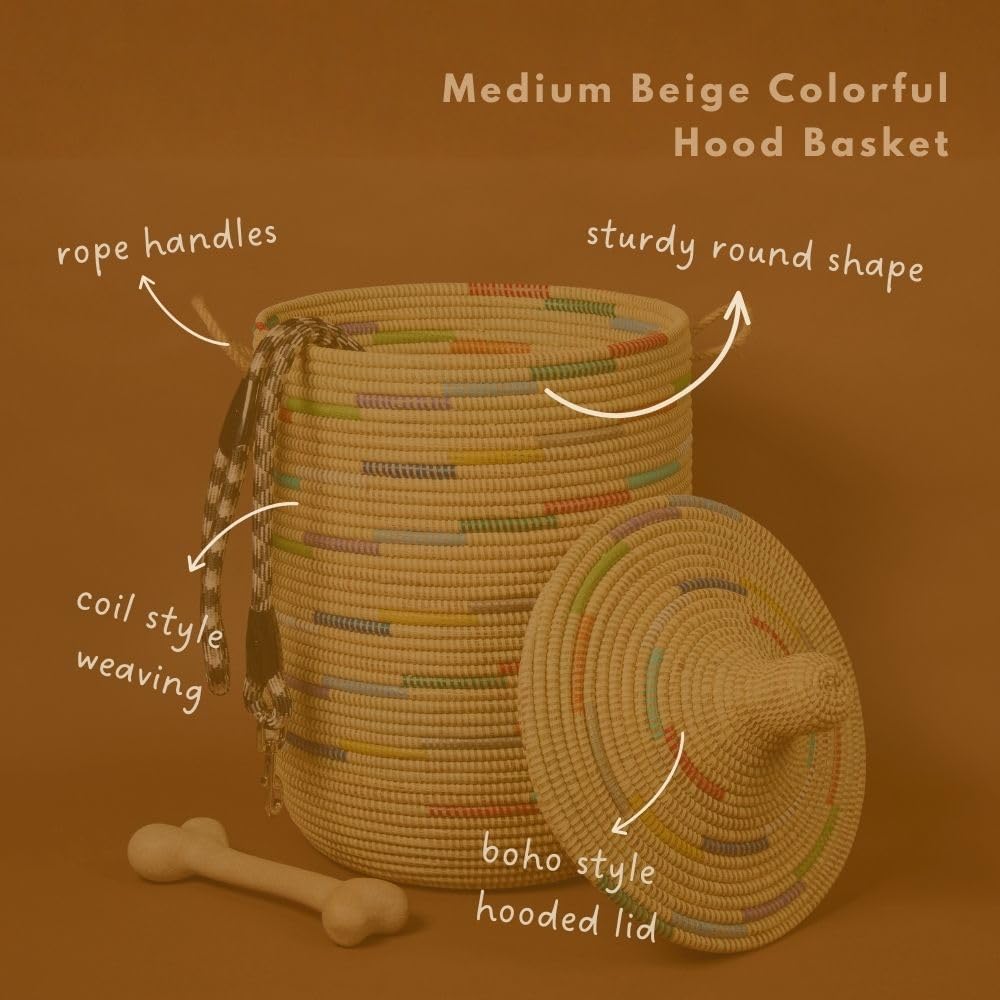 Medium Basket for Dog Toys, Wicker Basket with Lid, Handwoven African Basket, 15 Inch Wide x 20 Inch Tall, Beige Colorful