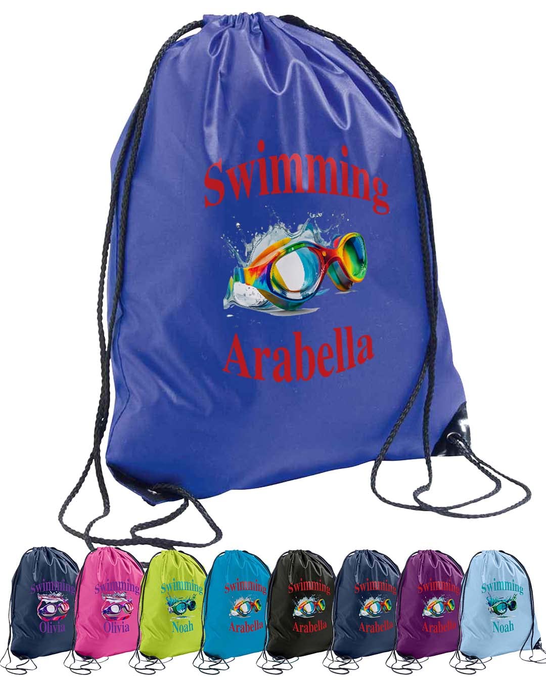 Hoolaroo Personalised Kids Swimming Bag PE Bag Swim Gym School Bag for Boys Girls With Name Drawstring Goggles Design - (BLACK)