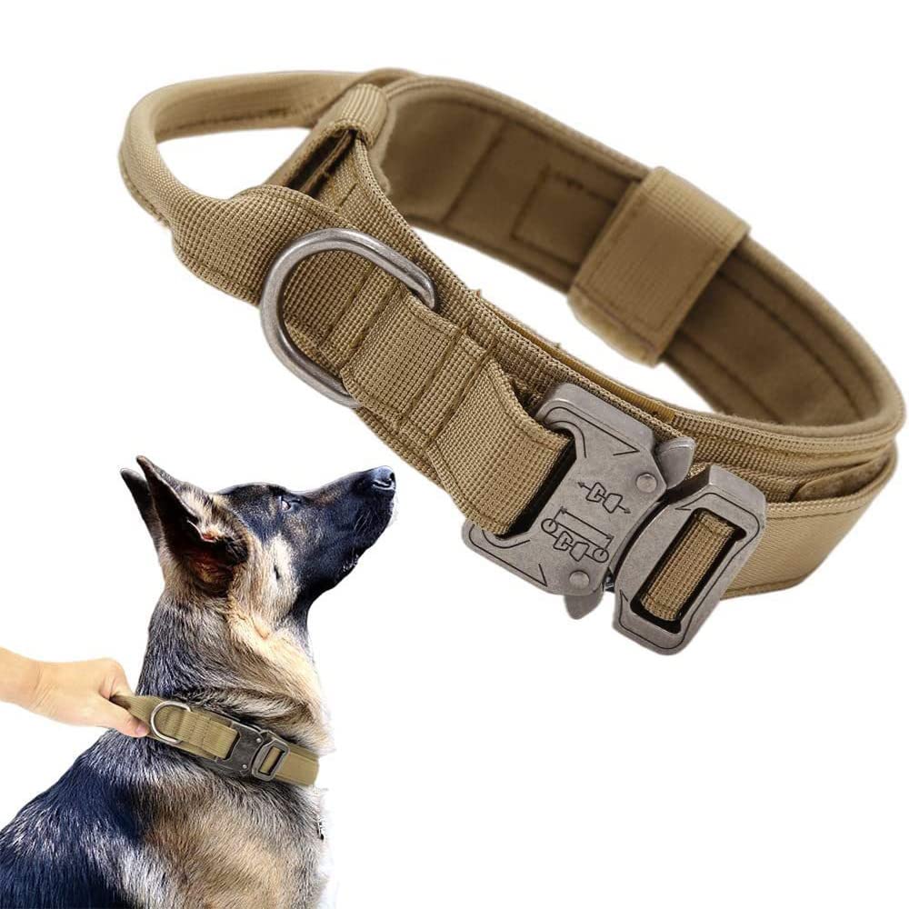 Arabest Dog Collar, Adjustable Nylon Dog Collar, Training Dog Collar with Metal Buckle and Control Handle, for Training Medium and Large Dogs (Khaki)