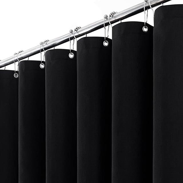 BTTN 90 x 180cm Shower Curtain, Mould and Mildew Resistant Textured Fabric, Waterproof Polyester for wet bathroom, Weighted Hem, Durable and washable, Thick Shower Curtains Set with 6 Hooks, Black