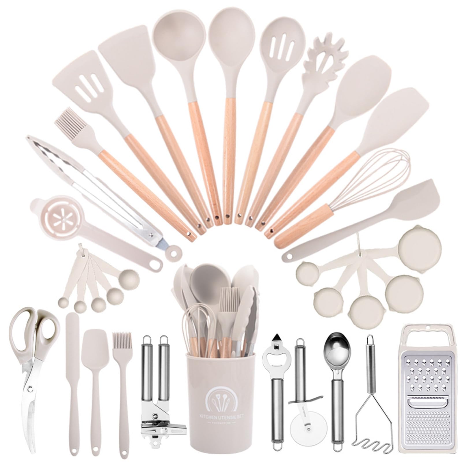 Set di 34 Utensili da Cucina in Silicone Alimentare, Kit Completo per Cucinare E Preparare Dolci con Contenitore, Accessori in Acciaio Inox E Set di Misurini E Cucchiai Dosatori Khaki
