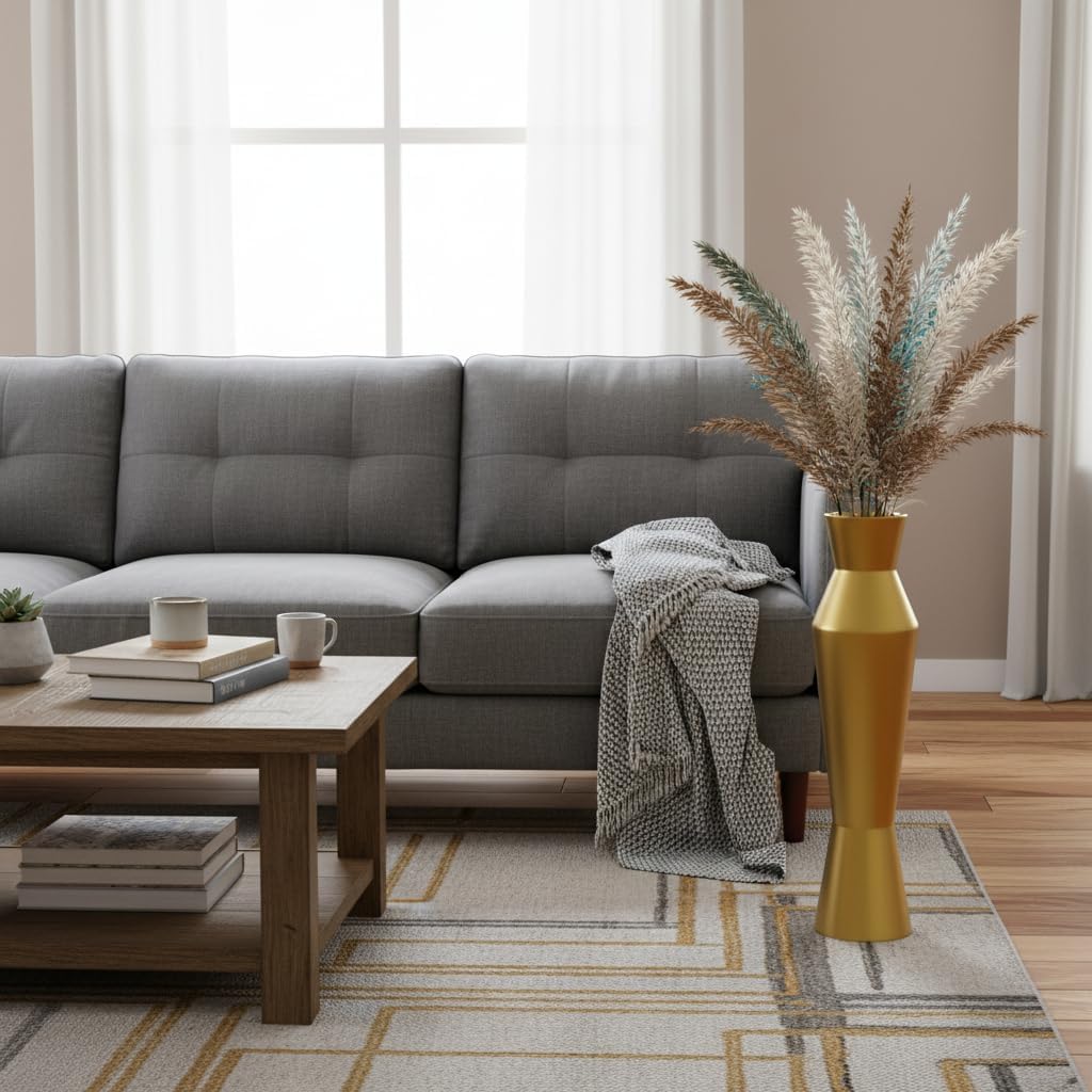 Large Gold Floor Vase, 23.6in Tall Decorative Vase with Weighted Bottom, Shiny Metallic Gold Finish - 4.7in Opening Wide Vase for Dried Pampas Grass, Feathers, Faux Flowers, Modern Home Decor