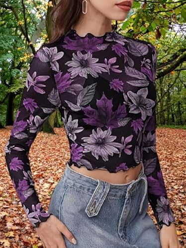 Buy mikuchiku Women's Black Purple Floral Print Sheer Round Neck