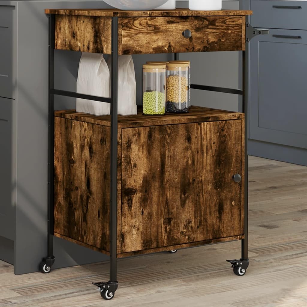 Carro de cocina de roble ahumado, 56 x 43 x 89,5 cm, material de madera con marco de acero, versátil, espacio de almacenamiento, carrito para servir