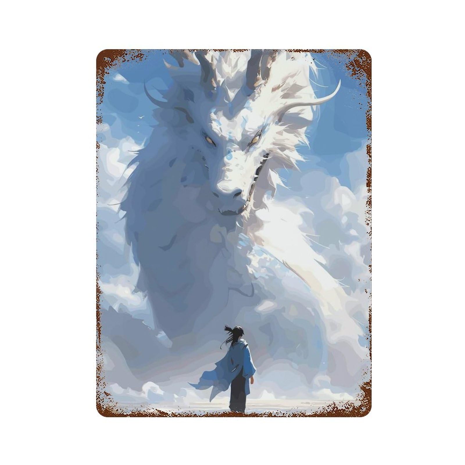 Rust Effect White Dragon Rusty Metal Tin Sign 15.7"x11.8", Industrial Home Decor for Living Room, Hallway And Home Decor