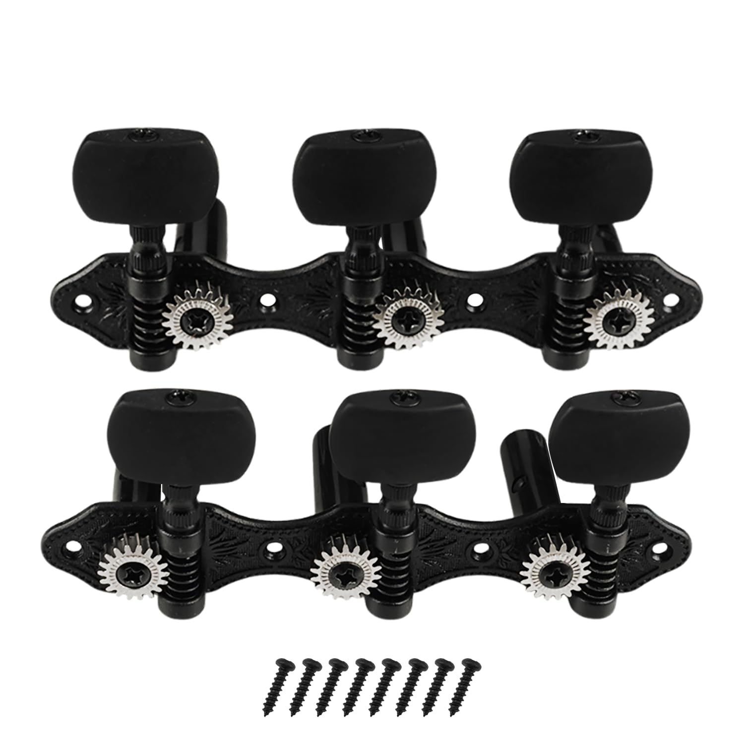 Afinadores de guitarra clásica 3L3R (3 en una fila), afinadores de engranaje abierto 1:18 con perilla cuadrada negra (negro)