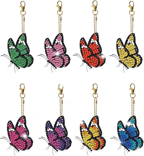 AZURAOKEY Juego de 8 piezas de arte de diamantes de mariposa llavero de doble cara DIY Butterfly Diamond Art Llaveros de arte de diamantes en forma