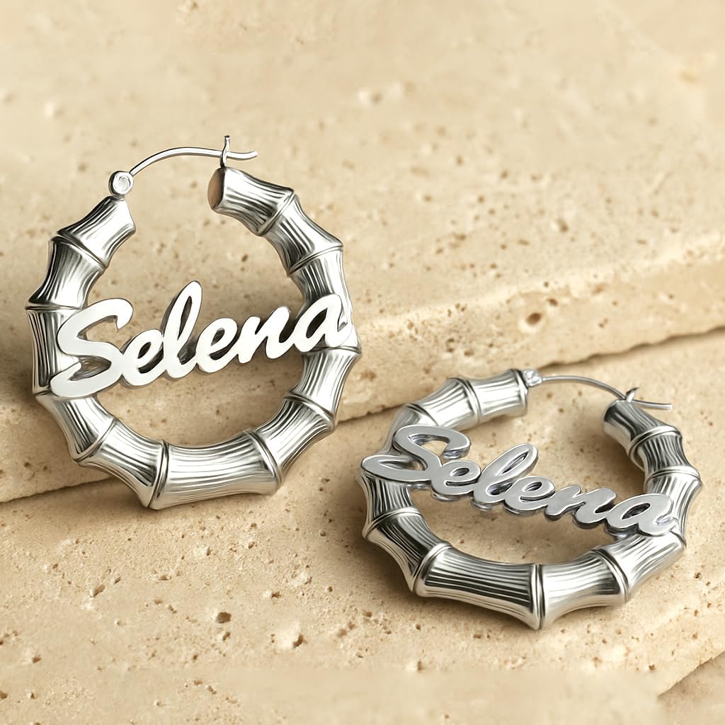 LeCalla Personalized Bamboo Earrings with Name Customized 925 Sterling Silver Bamboo Name Hoop Earrings for Women