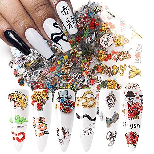 Dragon Snake Nail Foils Transfer Stickers Foil Transfers Nail Art Supplies Holographic Starry Sky Nail Adhesive Decals Leopard Skulls Cartoon Colorful Design Manicure Tips Wraps Decorations (10pcs)