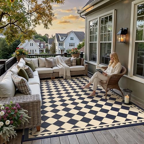 HUGEAR Outdoor Waterproof Rug 10'x10' Plastic Straw Rugs Washable Reversible Floor Mat Beige Plaid Carpet for Camping RV Deck Entryance Porch Picnic B