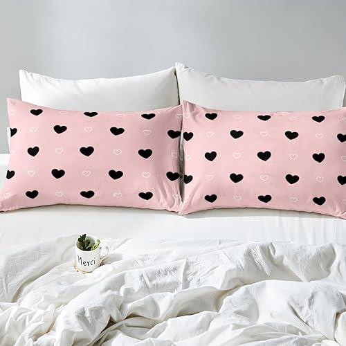Miniatura 4 de Juego de edredón para niñas, tamaño matrimonial, bonito juego de ropa de cama con patrón de corazón, bonito edredón de plumón rosa y negro, diseño