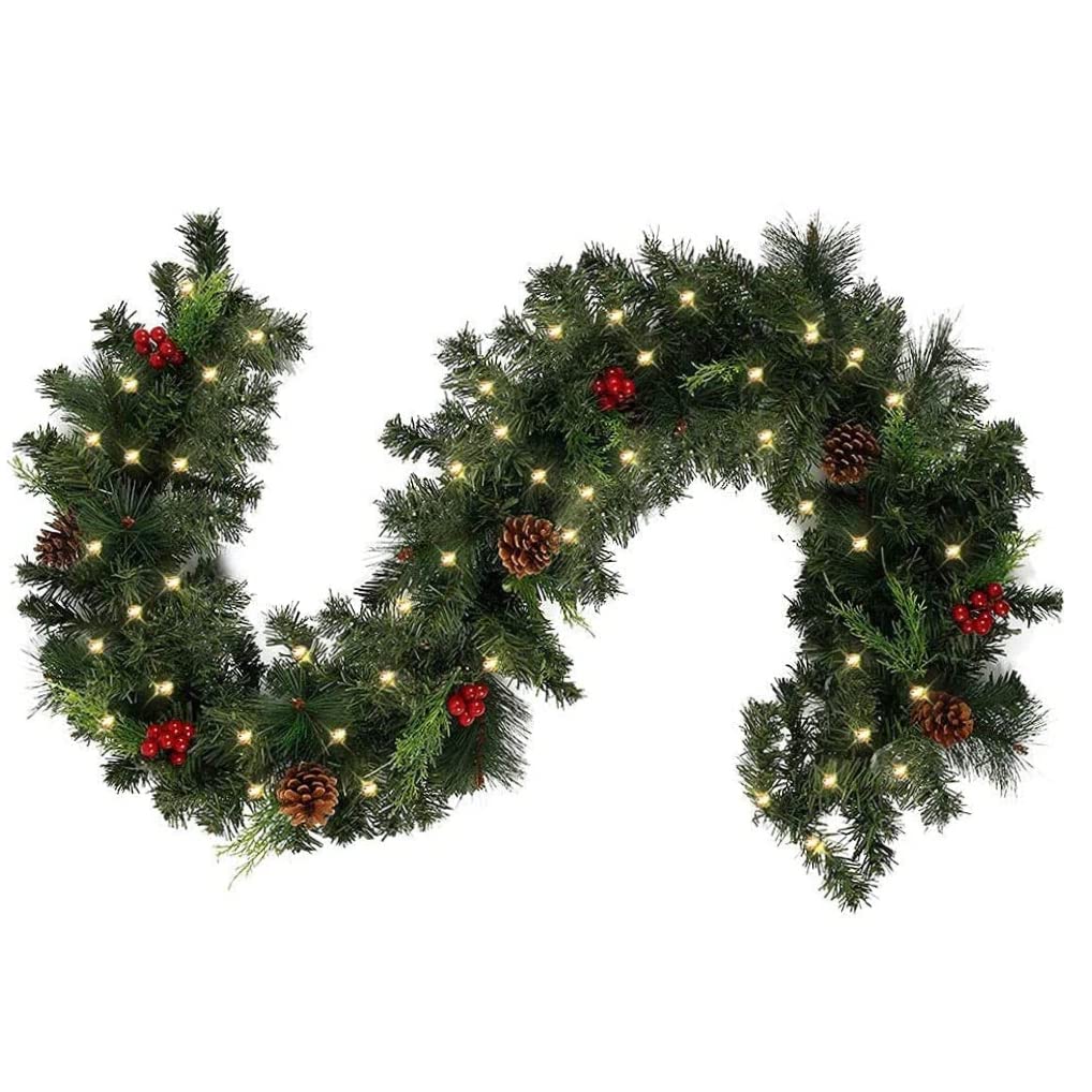 Ngbbby Christmas Garland with Lights 6ft Battery Operated with Pine Berries Decoration for Doors Fireplaces