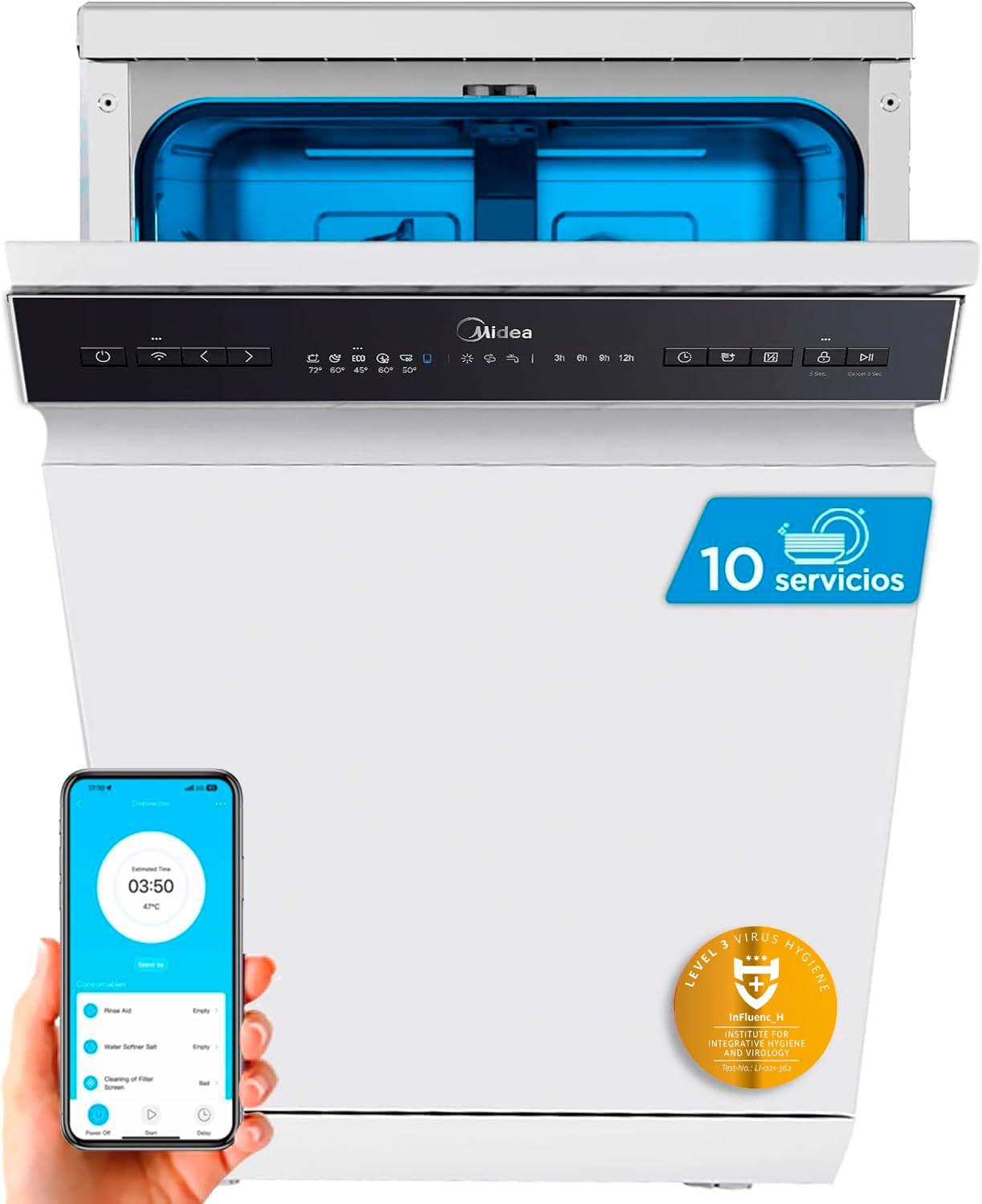 Midea Lavavajillas 60 cm+++ Blanco para 12 servicios - Lavaplatos libre instalación - Compacto con 4 Programas de Lavado integrable - Filtro Antibacterias y Programación Horaria Nuevo Modelo — view 9