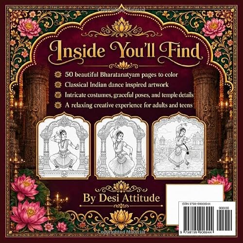 Bharatanatyam Beauty Coloring Book: 50 Beautiful Indian Classical Dance Coloring Pages Featuring Graceful Dancers, Temple Art, Traditional Costumes, Lotus Designs, and Cultural Patterns – vue 2