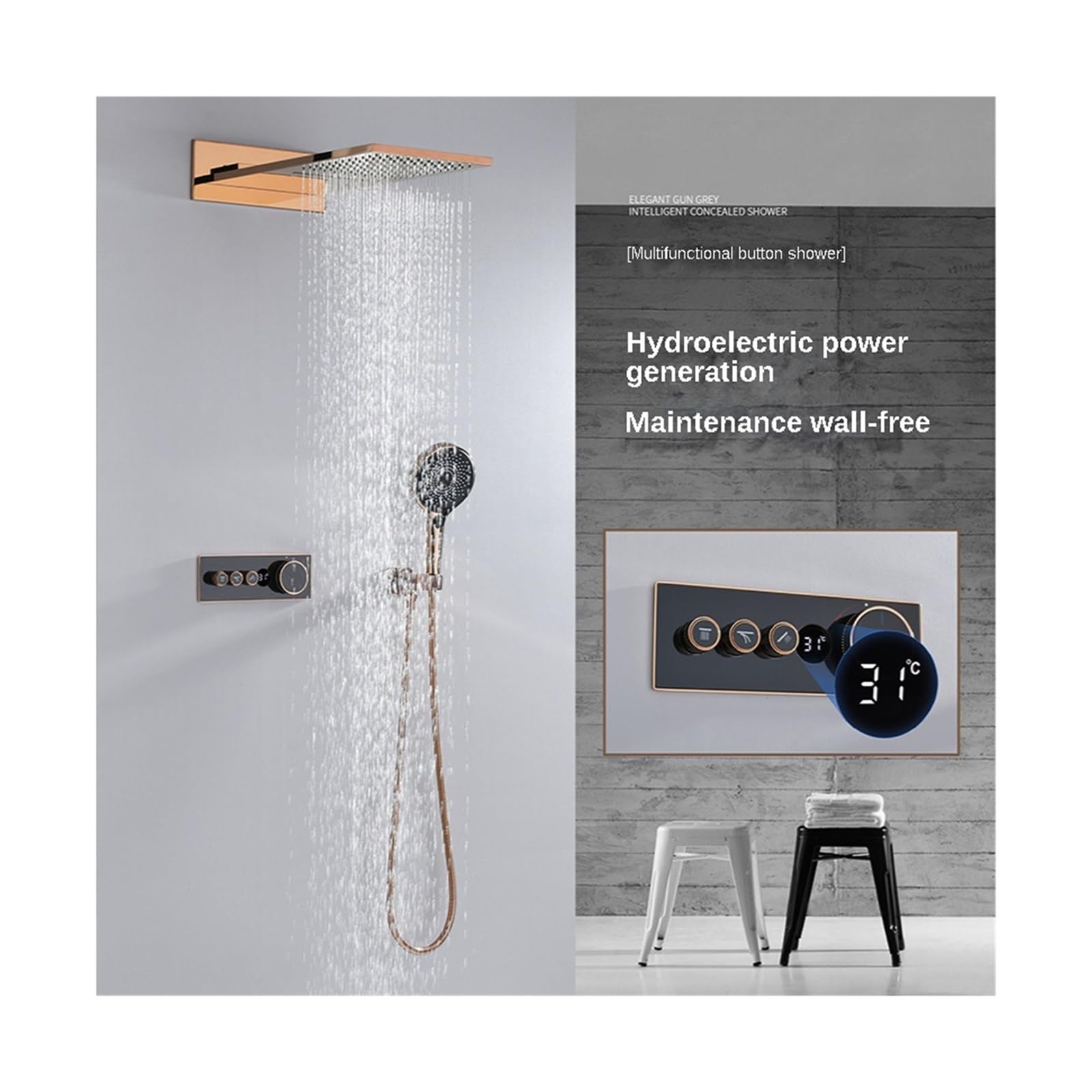 Rubinetto for Doccia da Bagno, Set Doccia a Parete con Display Digitale Intelligente Nero, Temperatura costante Nascosta in Rame Oro Rosa(Matte White)