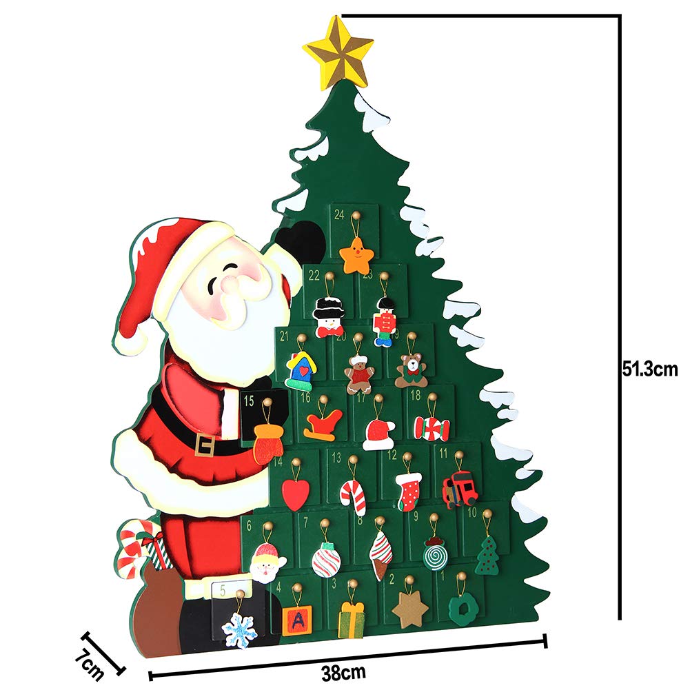 Bakaji - Calendario de Adviento de Navidad hecho de madera con 24 casillas numeradas para sorpresas, decoración navideña, hogar (Papá Noel con árbol)