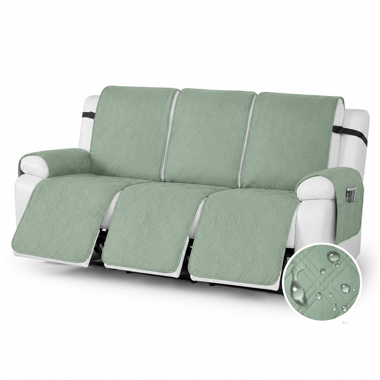 YushengTai Armchair Covers, 100% Waterproof, Anti-Slip, 3 Seater Recliner Chair Cover, Chair Covers for Armchairs with 4 Pockets, 3 Adjustable Straps (Green)