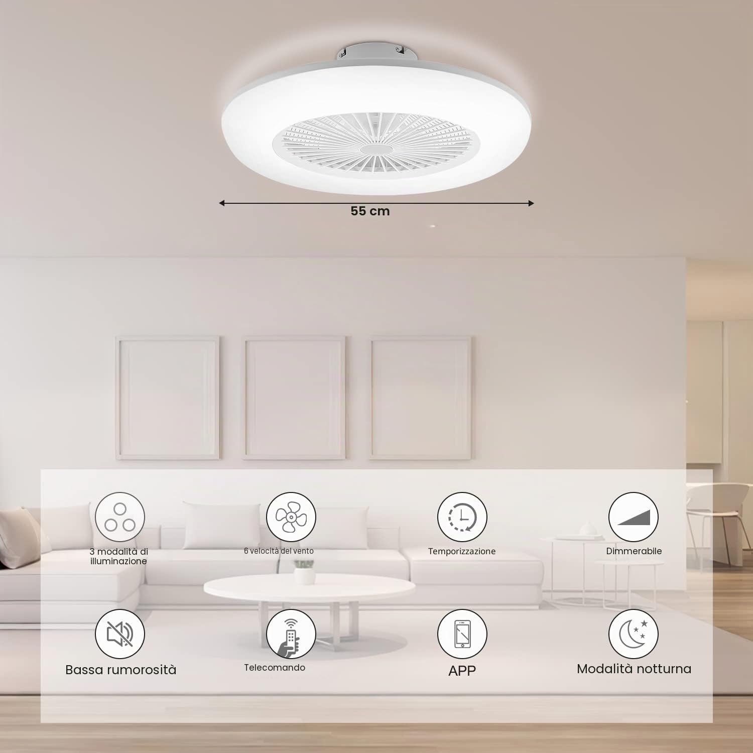 Fiqops Ventilatore da soffitto con illuminazione e telecomando 80 W, Wi-Fi Ø 55 cm, 6 velocità, dimmerabile, timer, funzionamento estivo invernale per camera da letto, soggiorno