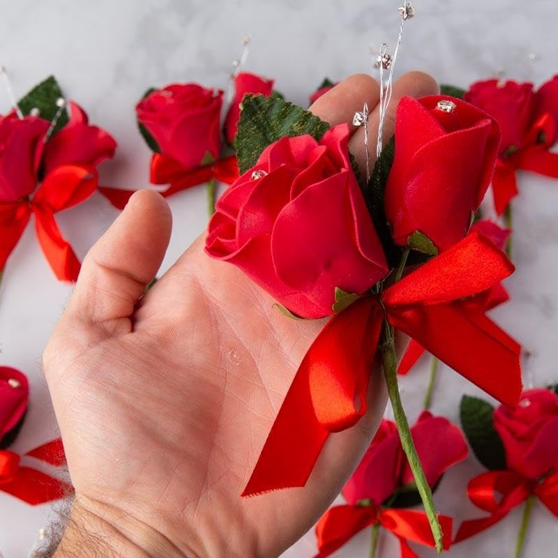 Factory Direct Craft Red Artificial Foam Rose Boutonniere Picks - Set of 12 Fake Rose Heads for Romantic Corsages, Napkin Rings or Placeholders (5 Inches Long)