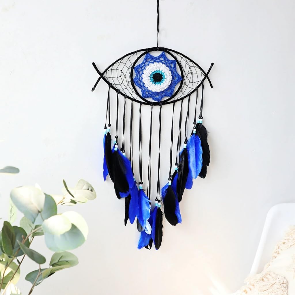 Atrapasueños Negro Mal de Ojo Plumas Azules Cuentas Decoración Dormitorio Colgante Pared Gótico Macramé