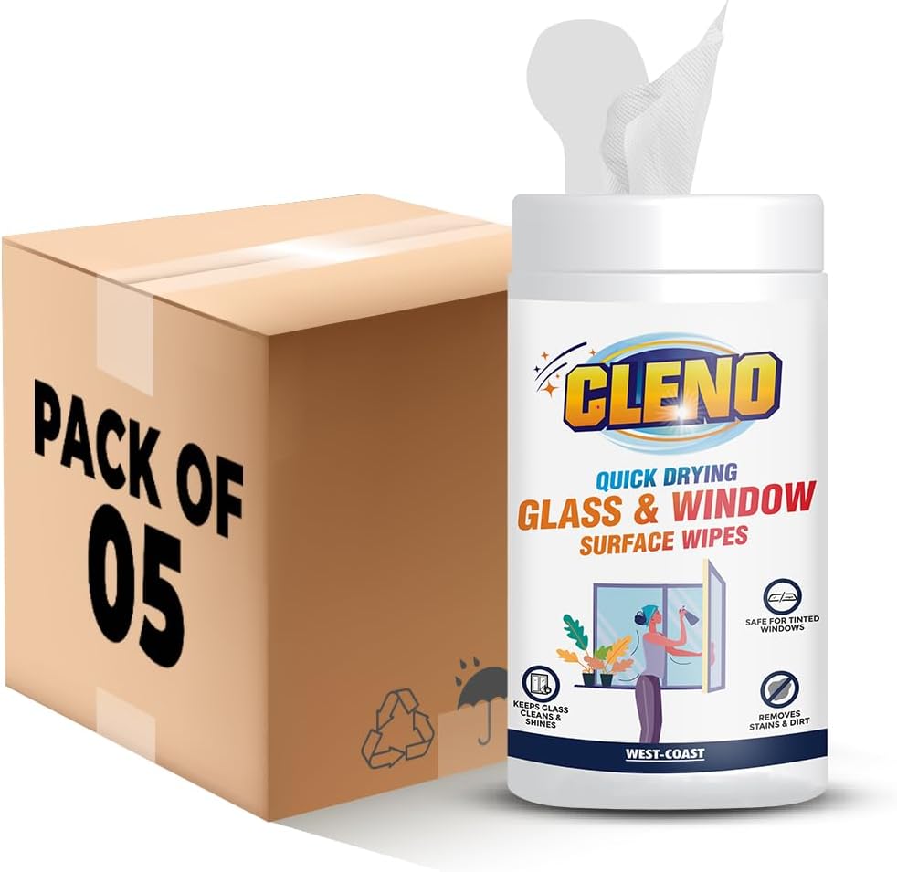 Cleno Quick Drying Glass & Window Surface Wet Wipes for Home, Cars, Mirrors, Tinted Windows, Ammonia & Tint Free - 50 Wipes (Pack of 5) (Ready to Use)
