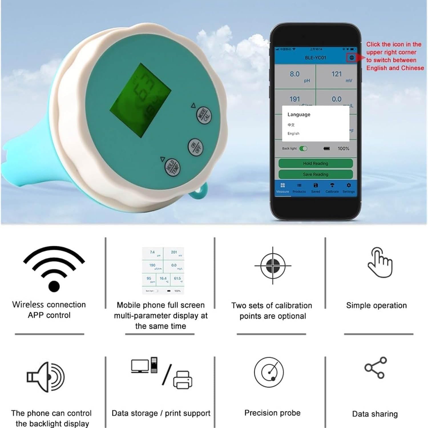 Inteligentny tester wody Bluetooth 6 w 1, pływający bezprzewodowy monitor chloru i pH, wodoodporność IP67, do basenów, spa, akwariów