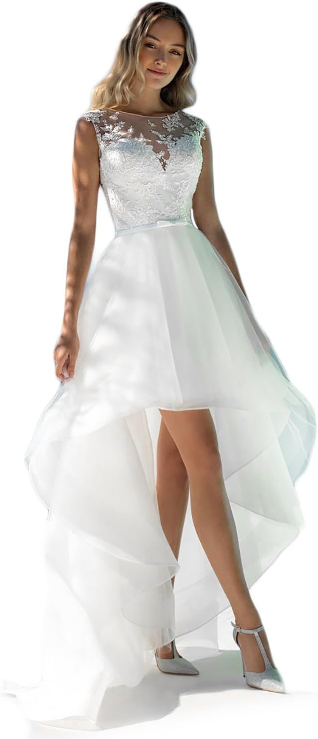 Women's Detachable Train Wedding Dresses Hi-lo Appliques Bridal GownHB38