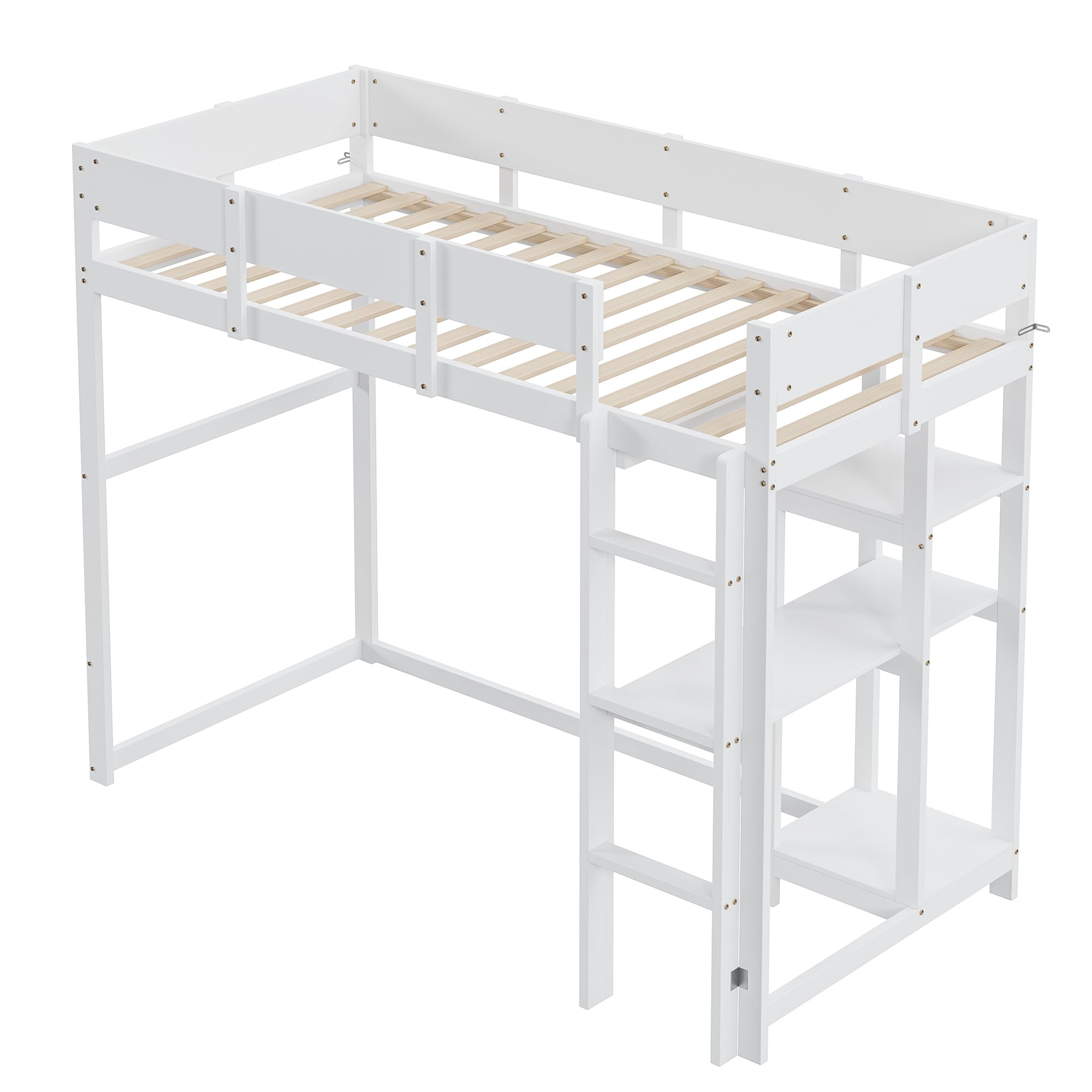 Aoskem Kinderbett Hochbett 90x200, Etagenbett Hausbett mit Leiter, Stauraum Regale und Schreibtisch, Holzbett Einzelbett Jugendbett Bettgestell mit Rausfallschutz und Lattenrost, Ohne Matratze Weiß