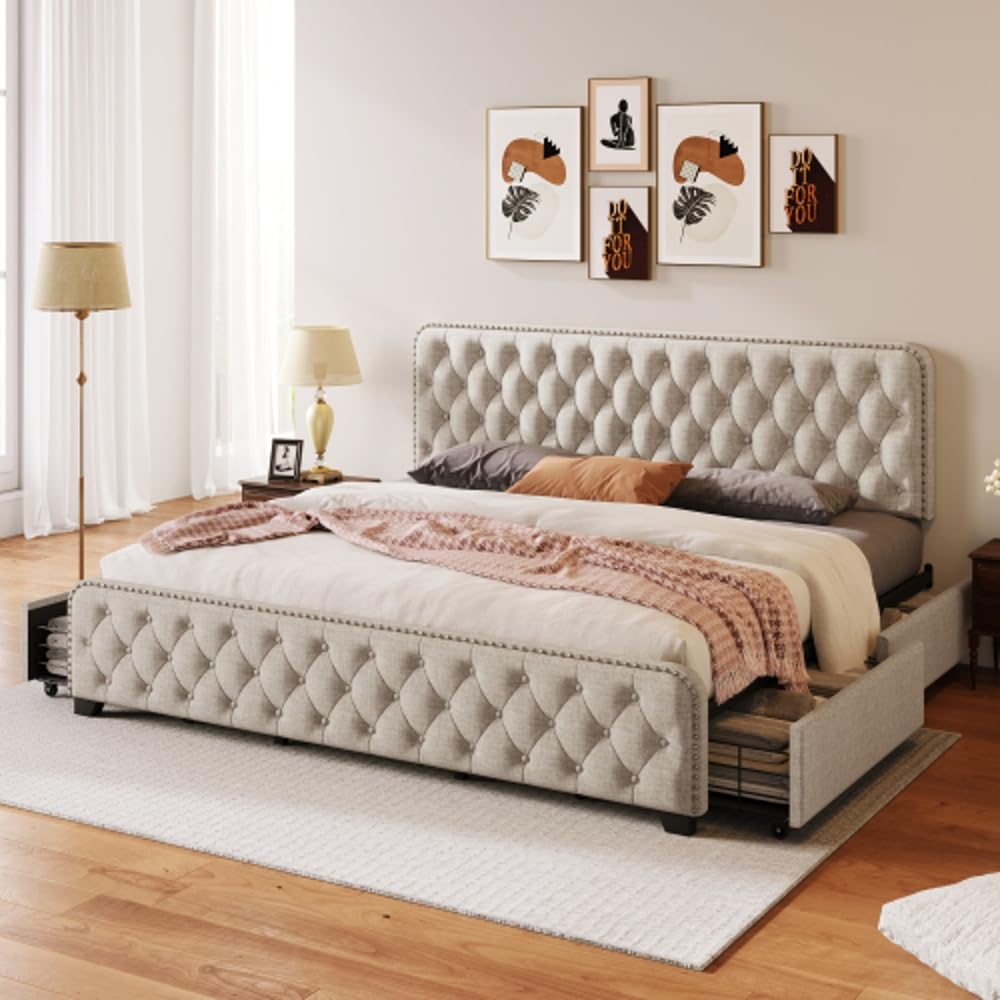 HommooBeige King Size Upholstered Platform Bed Frame - Button Tufted Headboard, Sturdy Metal Support, 4 Drawers for Extra Storage