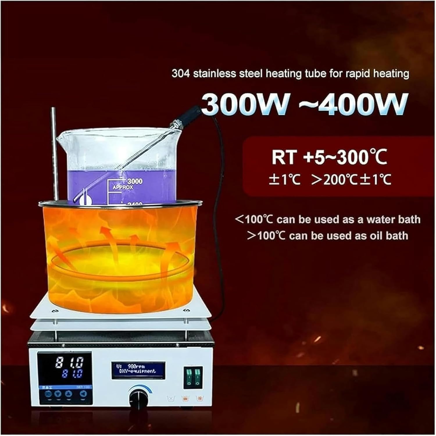Agitador magnético, Mezclador magnético, agitador magnético con calefacción - Baño de Agua y Aceite Digital de 3 L con Control de Temperatura de 5 a 300 ℃ y Ajuste de Velocidad de 2450 RPM p