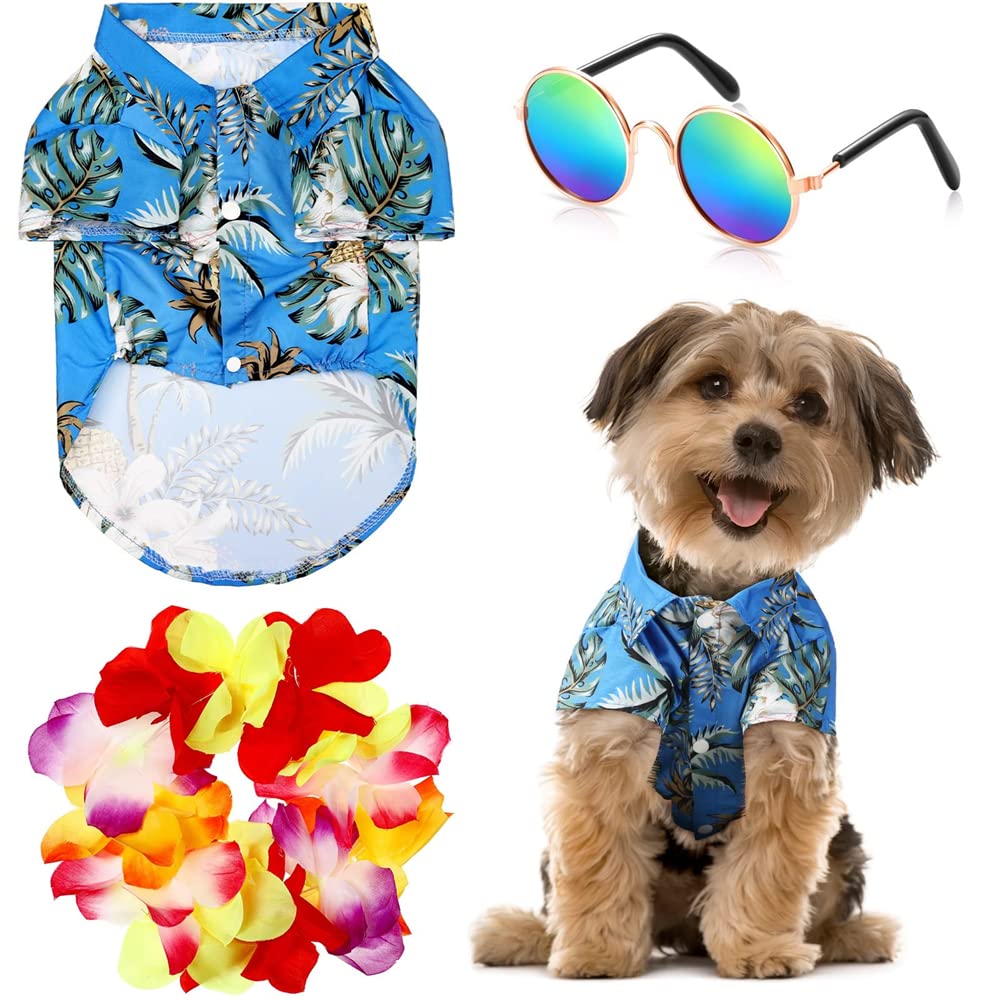 Pet Dog Hawaiian Costume, Puppy Dog's Cool T-Shirts Summer Clothes, Funny Cute Dog Retro Fashion Sunglasses and a Colorful Wreath, Hawaii Style Floral Dog Shirt for Small to Medium Dog (3 Pieces)