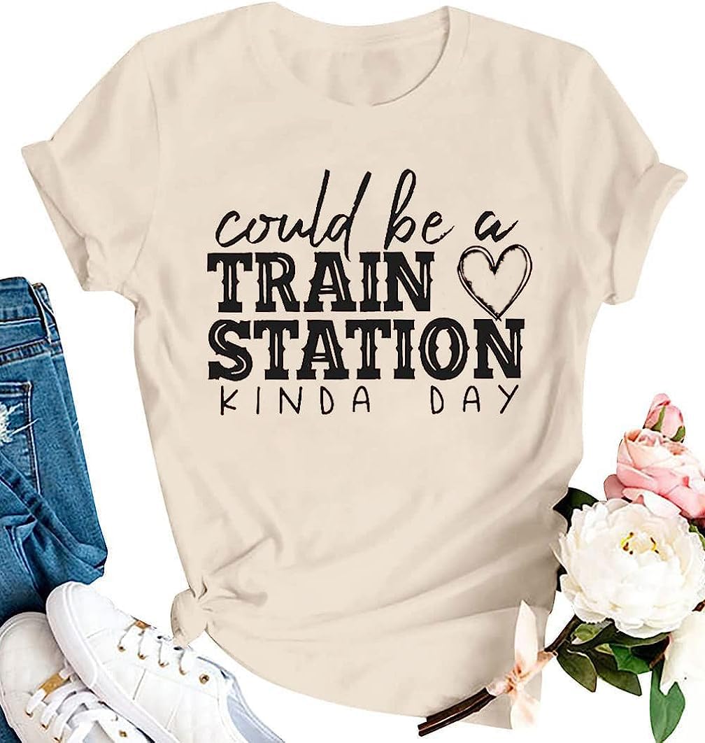 JKMTDNGCould Be A Train Station Kinda Day T Shirts Womens Country Music Tees Railway Locomotive Lovers Shirt
